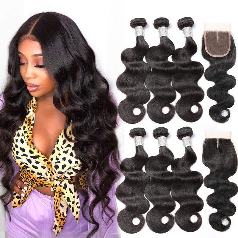 Wingirl Beauty Princess Body Wave Human Hair 3 Bundles with Closure Double Weft 10A Brazilian Hair Bundles With Closure(16/18/20+14 Inch, 3 Bundles with closure) - Image 1